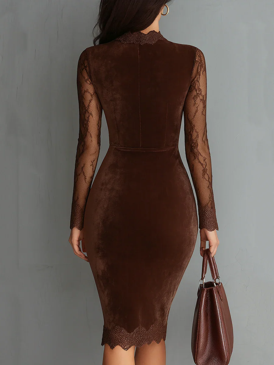Braunes Vintage-Velours-Minikleid mit Schlüsselloch-Ausschnitt und Spitzenärmeln - Image 2