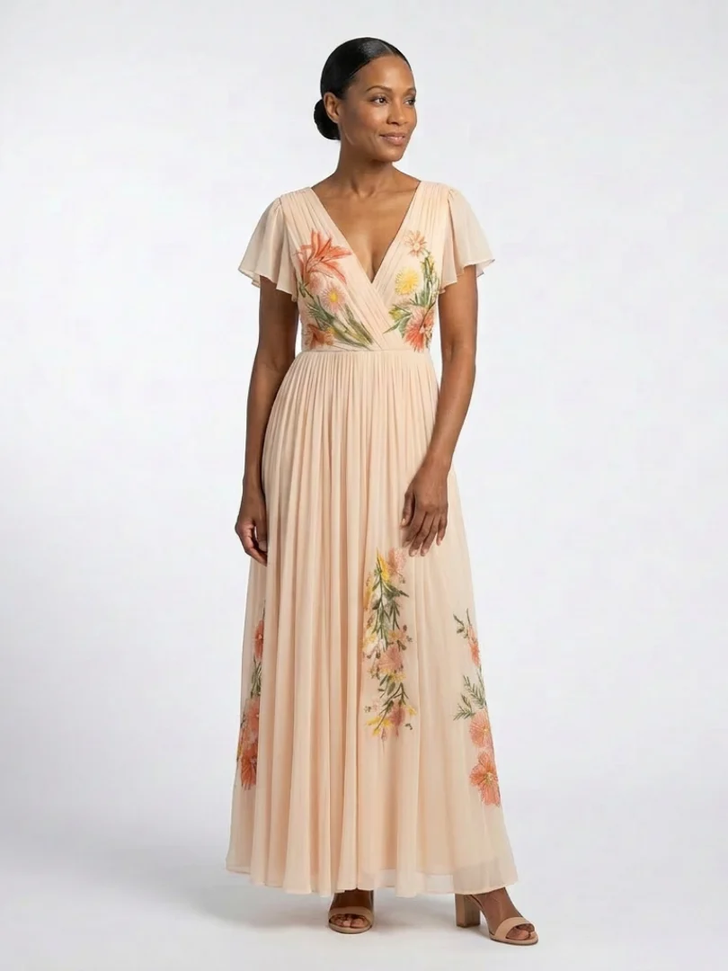 Calista | V-Ausschnitt Kurzarm Falten Maxi Kleid - Image 2