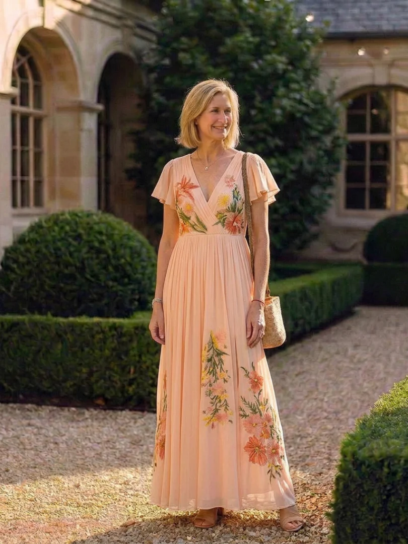 Calista | V-Ausschnitt Kurzarm Falten Maxi Kleid - Image 4