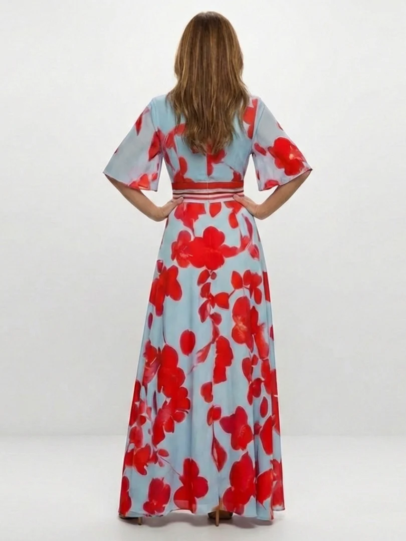 Corinne | V-Ausschnitt Kurzarm Blumenmaxikleid - Image 2