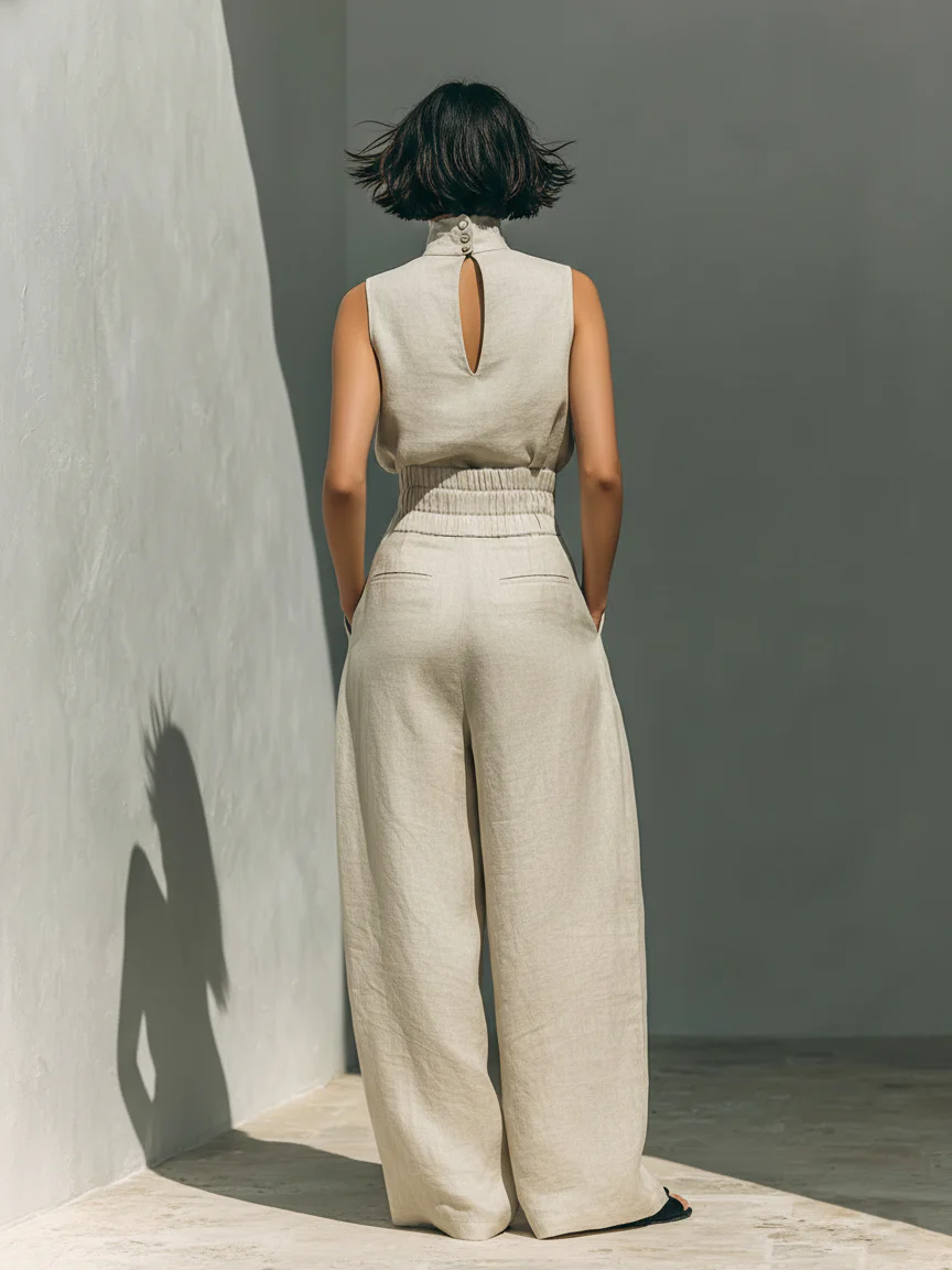 Damen Ärmellose Bluse und Weite-Hosen Ensemble - Image 2