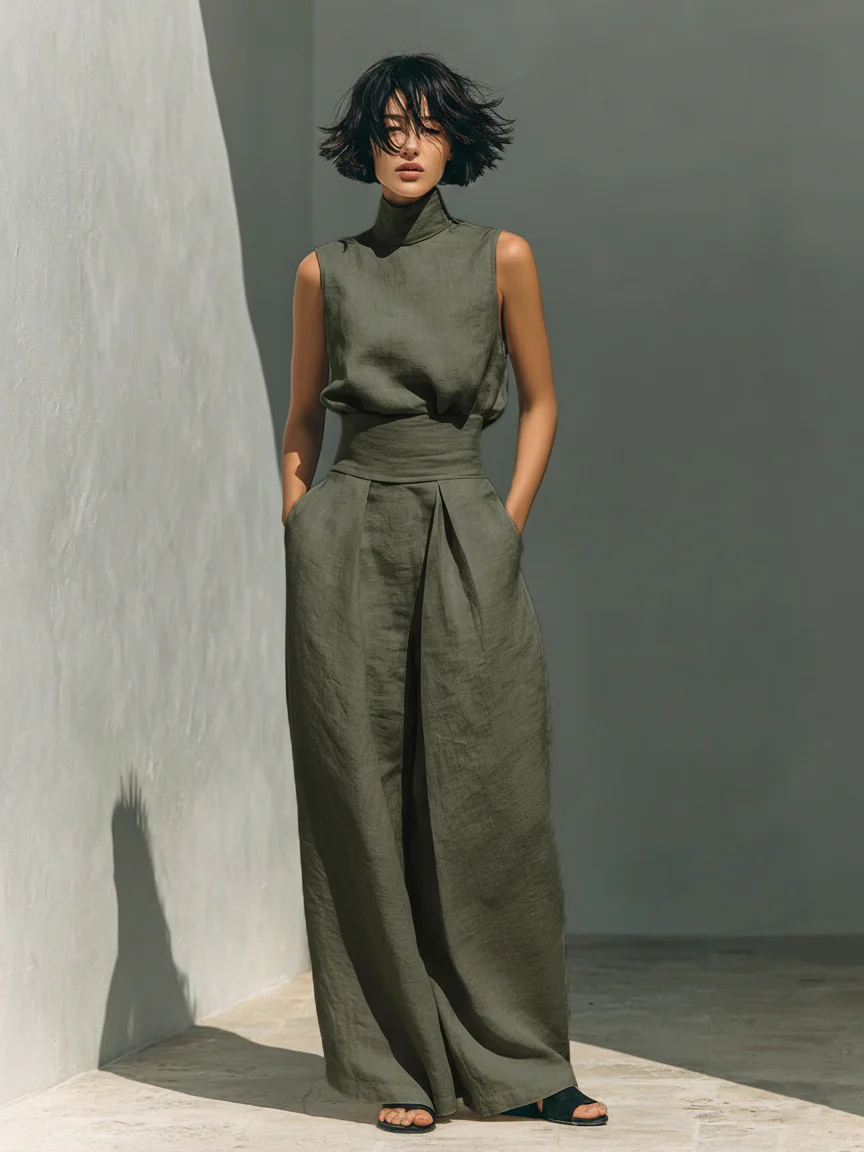 Damen Ärmellose Bluse und Weite-Hosen Ensemble - Image 3