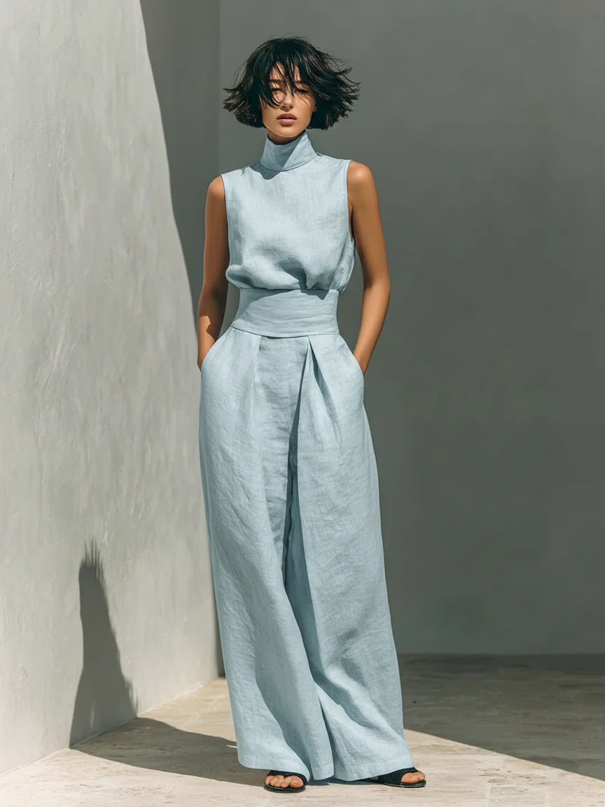 Damen Ärmellose Bluse und Weite-Hosen Ensemble - Image 4