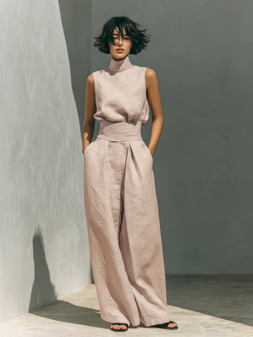 Damen Ärmellose Bluse und Weite-Hosen Ensemble - Image 5