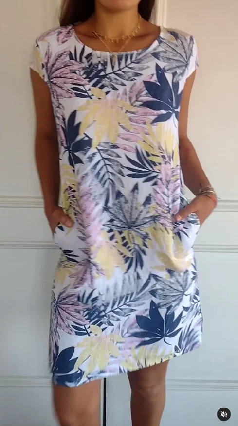 Damen Baumwolle Leinen Bedrucktes Sommerkleid mit Taschen - Image 10