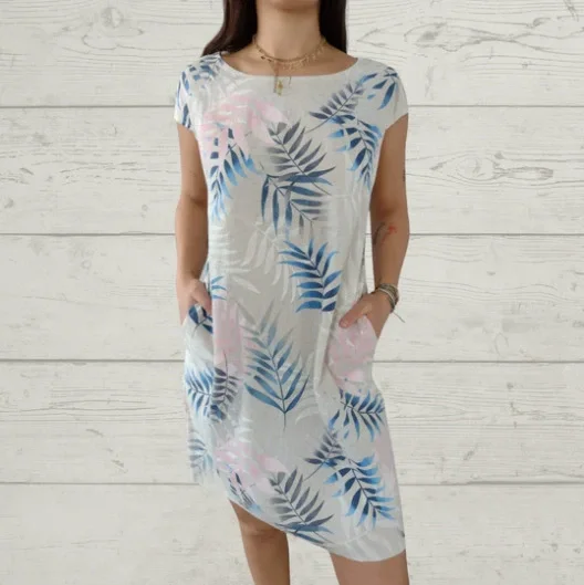 Damen Baumwolle Leinen Bedrucktes Sommerkleid mit Taschen - Image 13