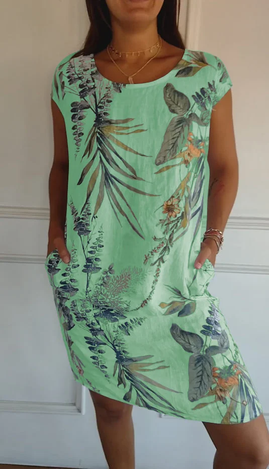 Damen Baumwolle Leinen Bedrucktes Sommerkleid mit Taschen - Image 6