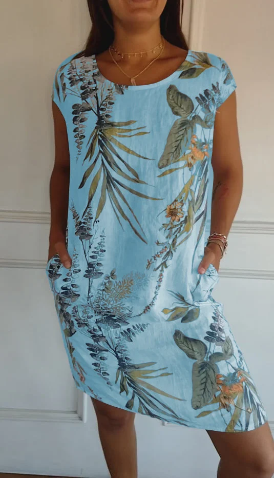 Damen Baumwolle Leinen Bedrucktes Sommerkleid mit Taschen - Image 8