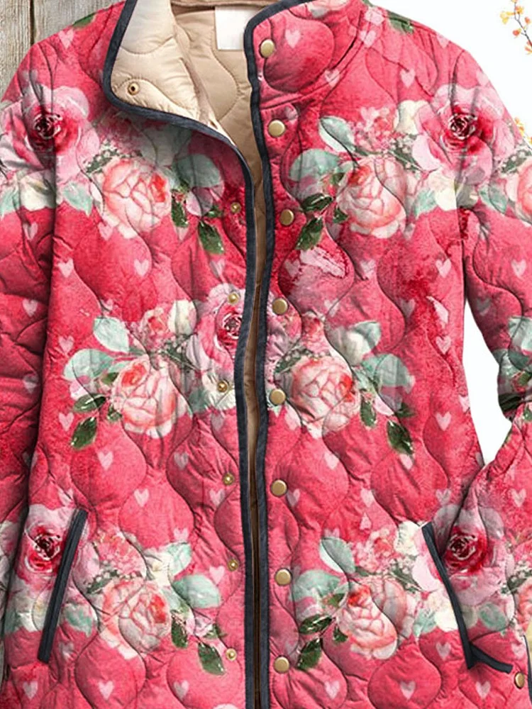 Damen Charmante Rosa Blumen Kunst Gedruckte Casual Steppjacke - Image 2