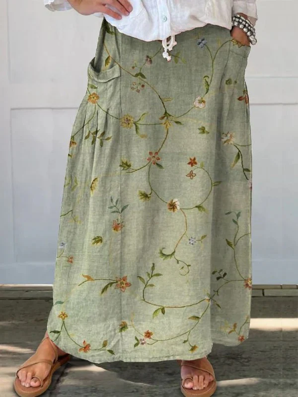 Damen Retro Blumen Kunst Leinen Elastischer Bund Rock mit Taschen - Image 2
