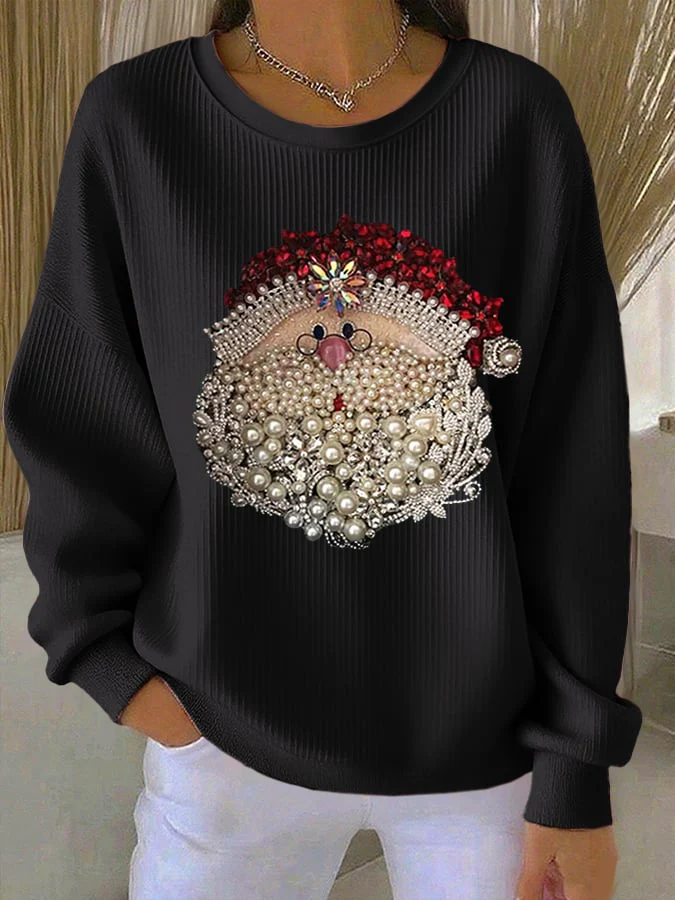 Damen Santa Claus Bedruckter Gerippter Rundhals-Sweatshirt - Image 2