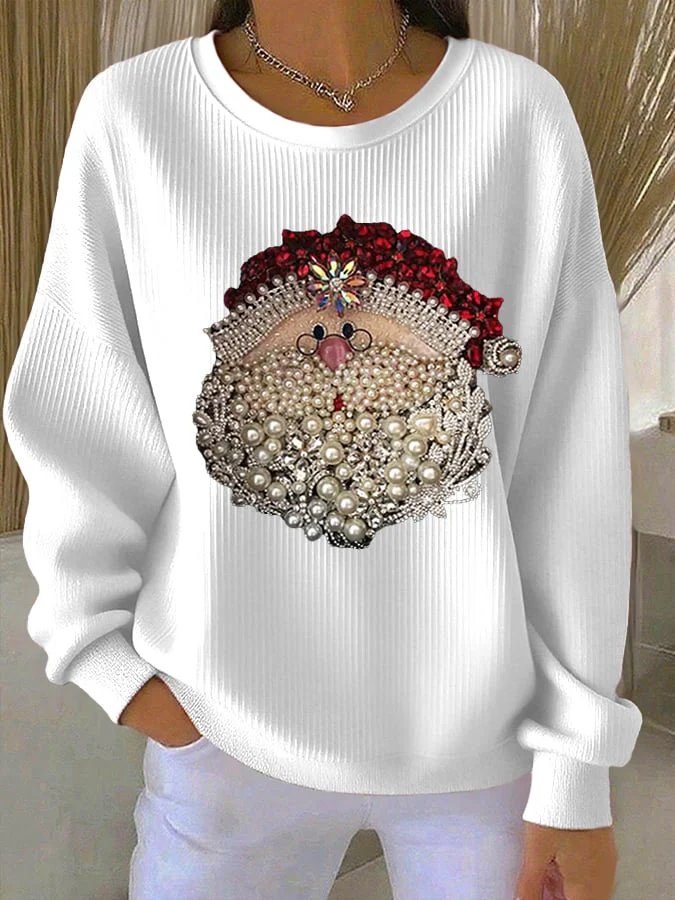 Damen Santa Claus Bedruckter Gerippter Rundhals-Sweatshirt - Image 4