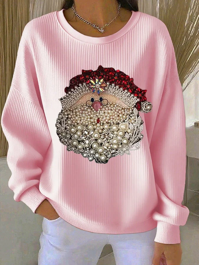 Damen Santa Claus Bedruckter Gerippter Rundhals-Sweatshirt - Image 5