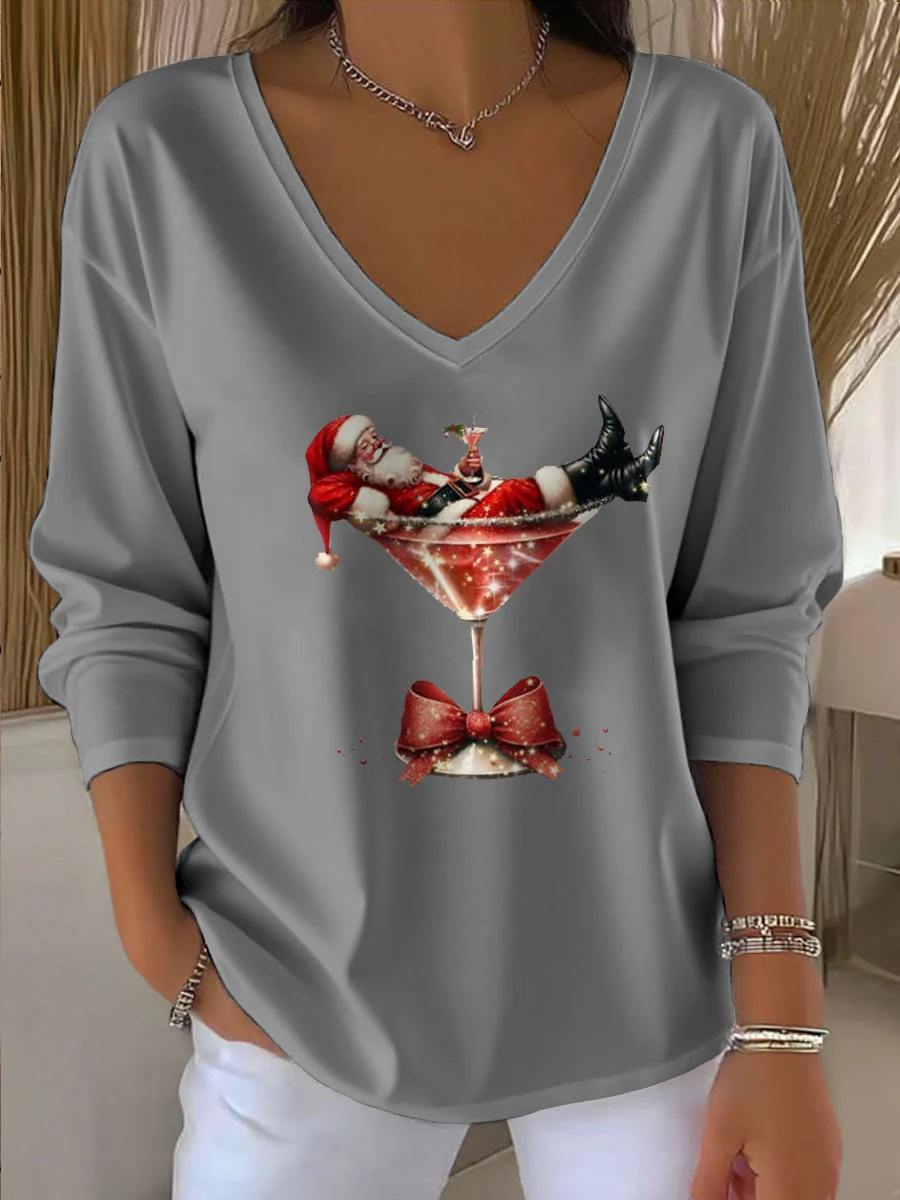 Damen Santa Claus Bedrucktes V-Ausschnitt T-Shirt - Image 2