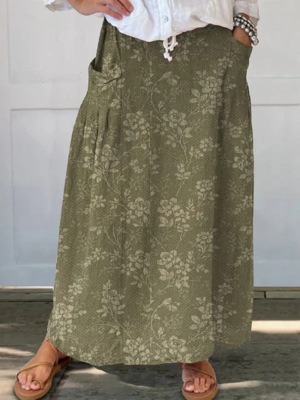 Damen Vintage Floral Leinen Rock mit elastischem Bund und Taschen - Image 2