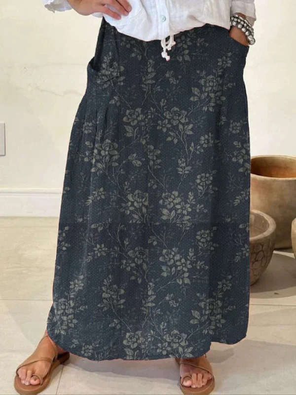 Damen Vintage Floral Leinen Rock mit elastischem Bund und Taschen - Image 3