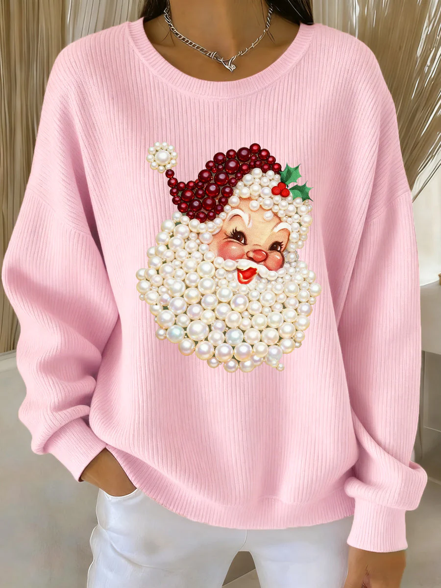 Damen Weihnachts-Pearl Santa Claus Print Freizeitpullover - Image 3