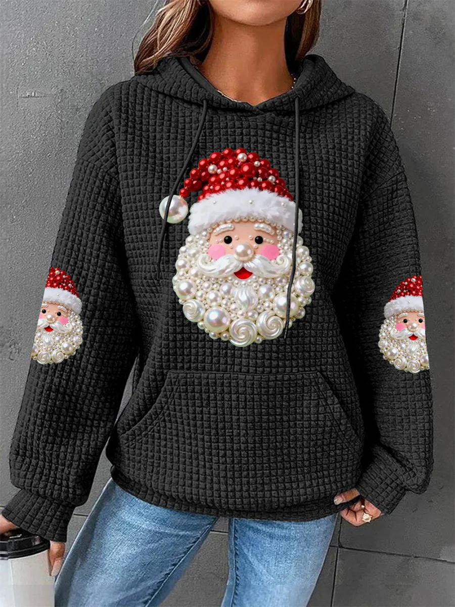 Damen Weihnachtsperlen Santa Claus Druck Lässiger Waffel Hoodie - Image 2