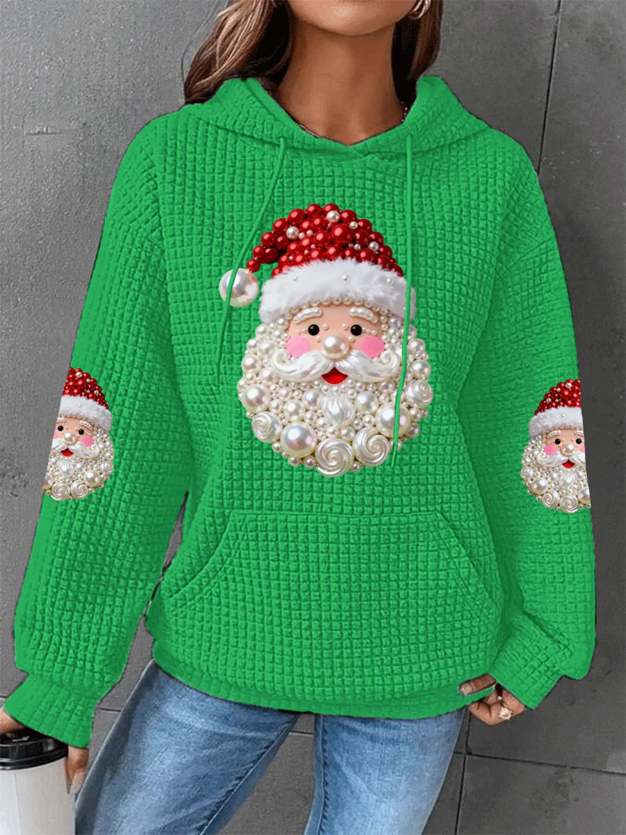 Damen Weihnachtsperlen Santa Claus Druck Lässiger Waffel Hoodie - Image 3