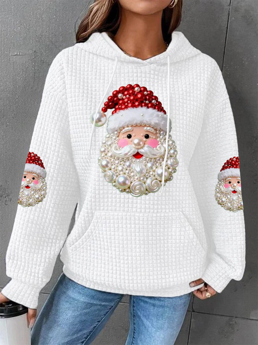 Damen Weihnachtsperlen Santa Claus Druck Lässiger Waffel Hoodie - Image 4
