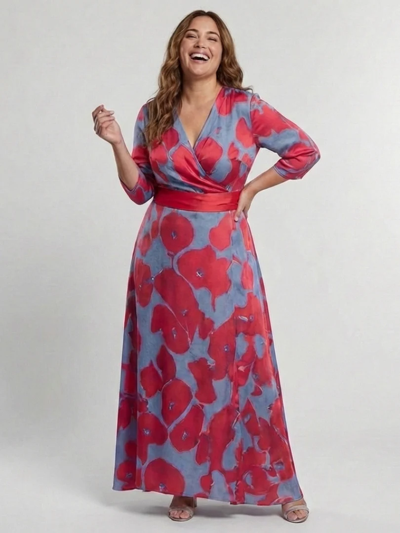 Danielle | Dreiviertelarm V-Ausschnitt Blumen Maxi Kleid - Image 4