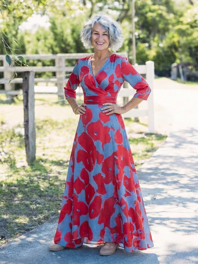 Danielle | Dreiviertelarm V-Ausschnitt Blumen Maxi Kleid - Image 5