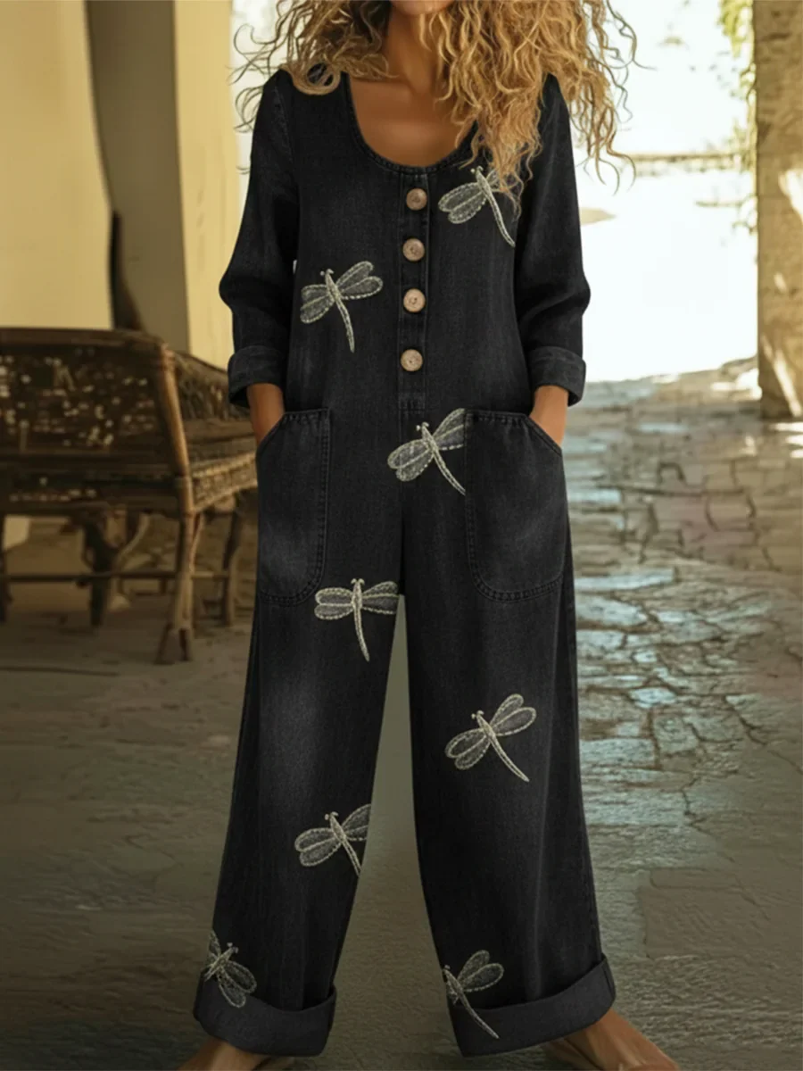 Denim Jumpsuit Damen Casual Libellenmuster - Image 4