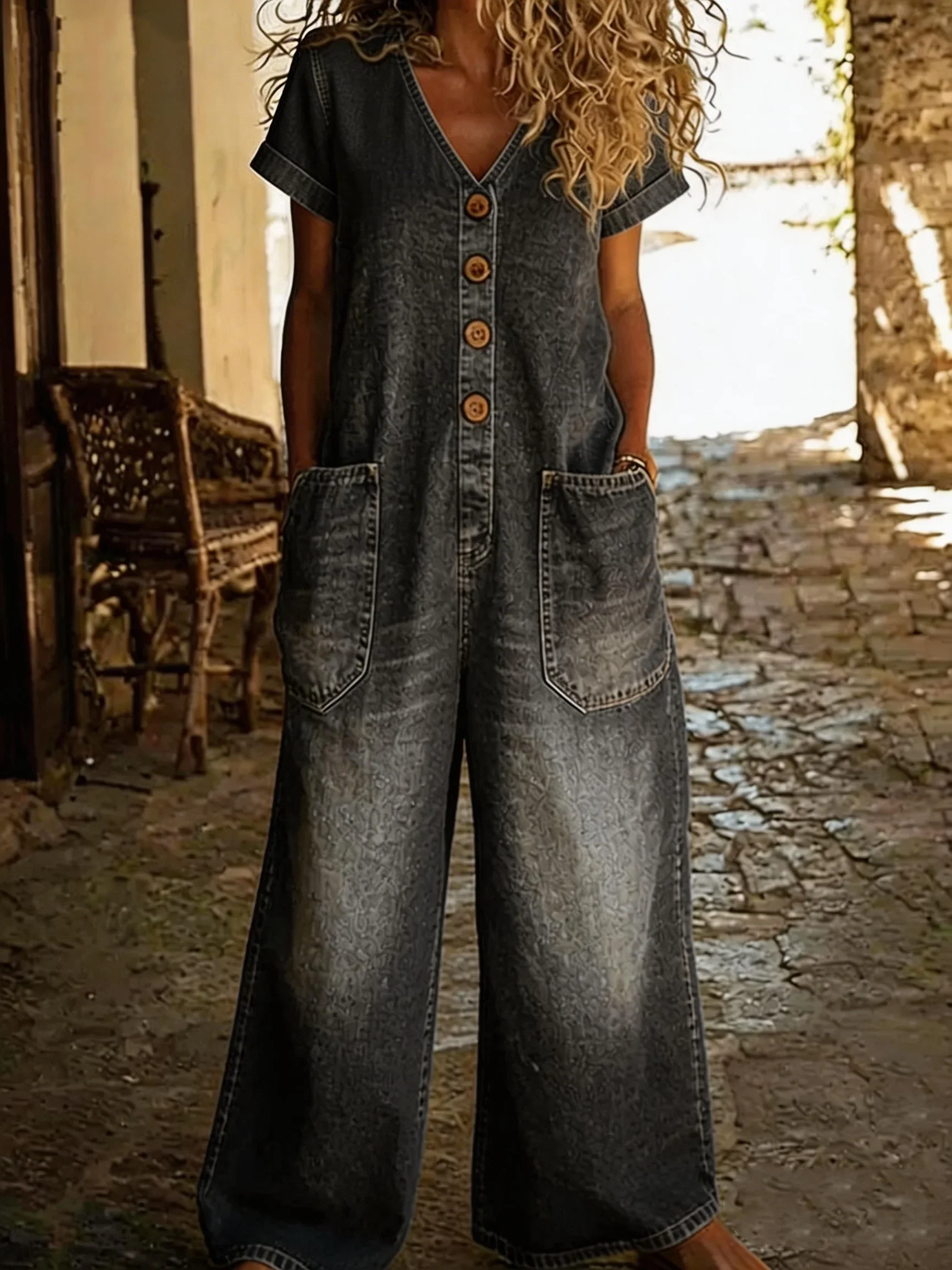 Denise | Denim-Overall mit V-Ausschnitt und kurzen Ärmeln - Image 3