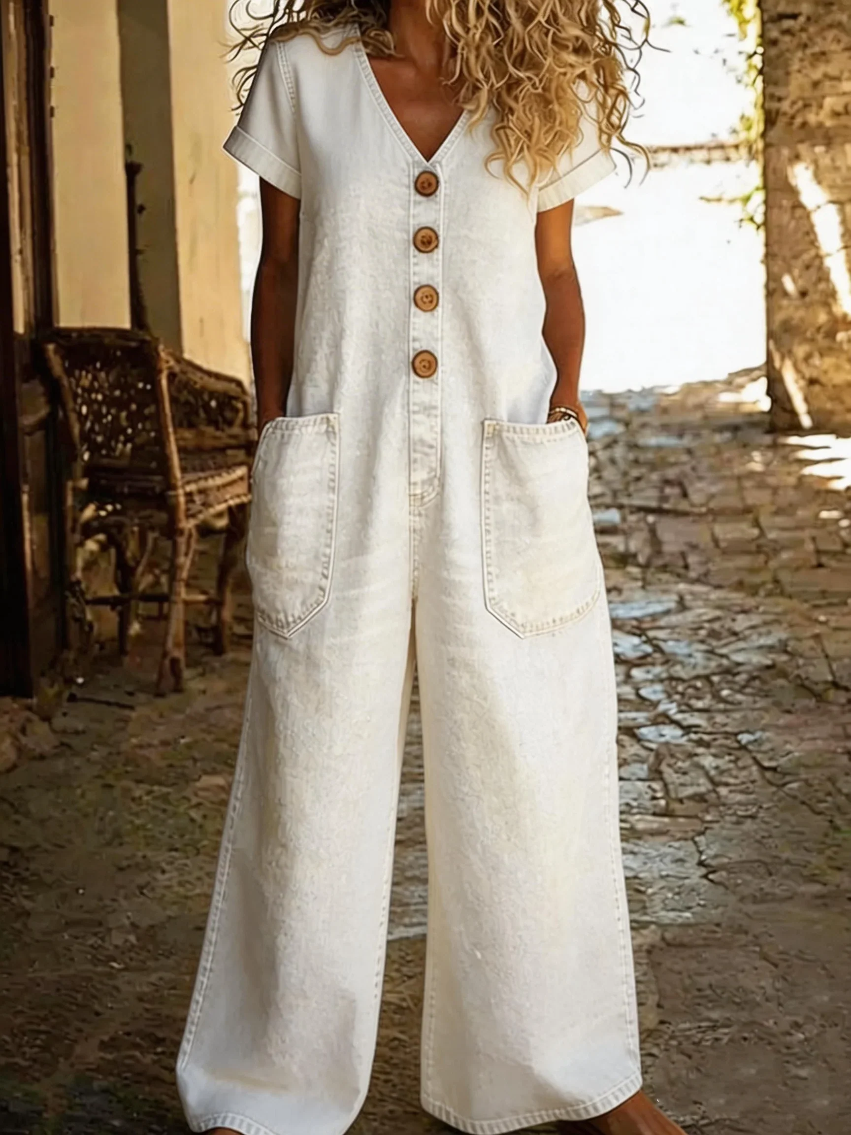 Denise | Denim-Overall mit V-Ausschnitt und kurzen Ärmeln - Image 4