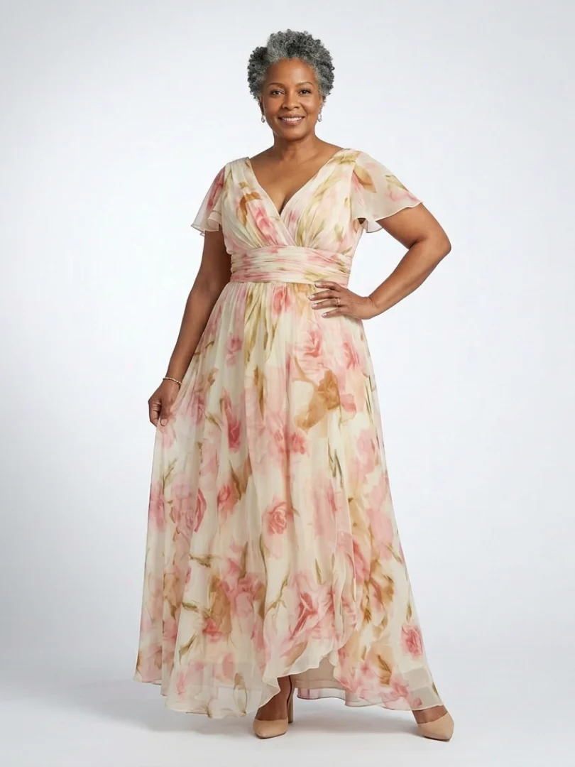 Elara | V-Ausschnitt Kurzarm Blumen Maxi Kleid - Image 4