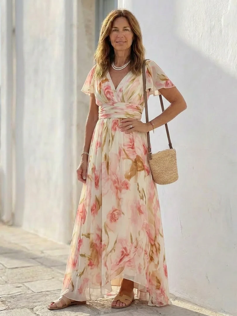 Elara | V-Ausschnitt Kurzarm Blumen Maxi Kleid - Image 5