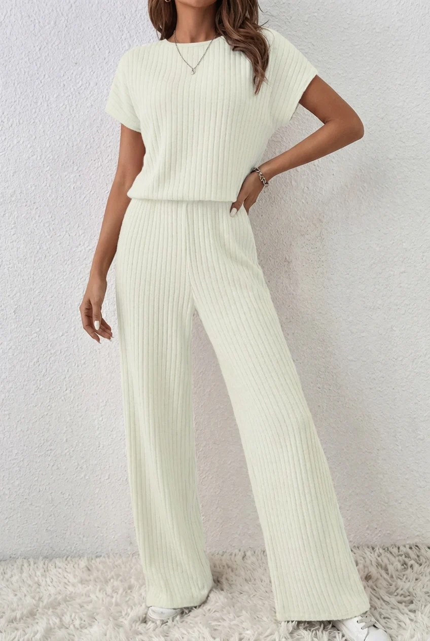 ElevenOra Stilvoller Cremeweißer Reißverschluss-Stehkragen Oversized Kurzarmpullover & Weitbeinige Hose - Geripptes Strick-Zweiteiliges Ensemble - Image 2