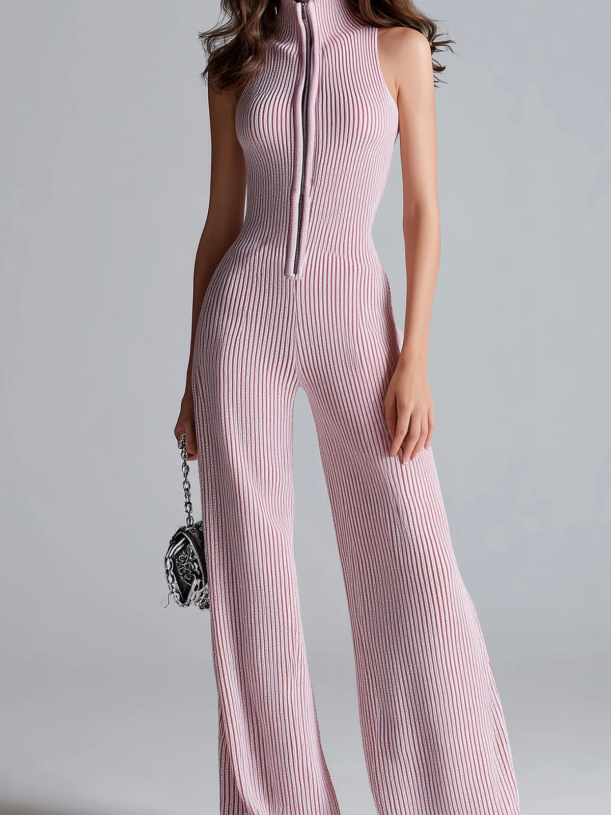 ElevenOra Stilvoller Pinker Ärmelloser Jumpsuit mit Stehkragen, Reißverschluss vorne, Tailliertem Bund und Weitem Bein im Ribstrickdesign - Image 5