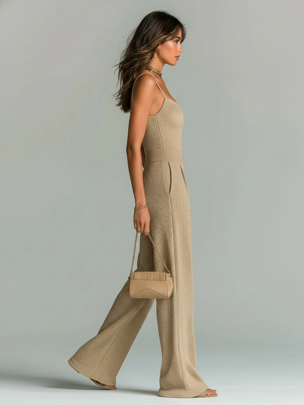 ElevenOra Stilvolles Kamel Strappy Ärmelloses Tailliertes Weites Bein Geripptes Strick-Jumpsuit - Image 13