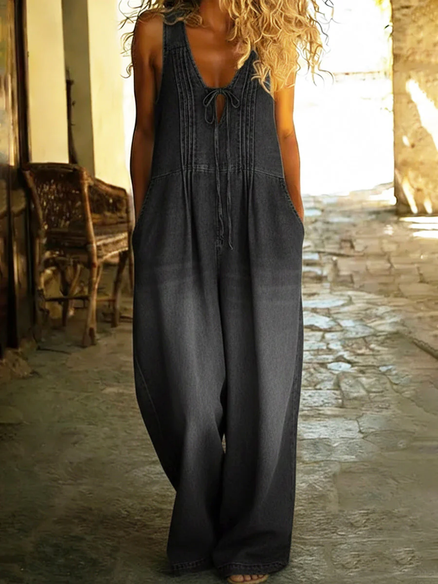 Entspannt geschnittene, gefaltete Denim-Jumpsuit mit Kordelzug - Image 3