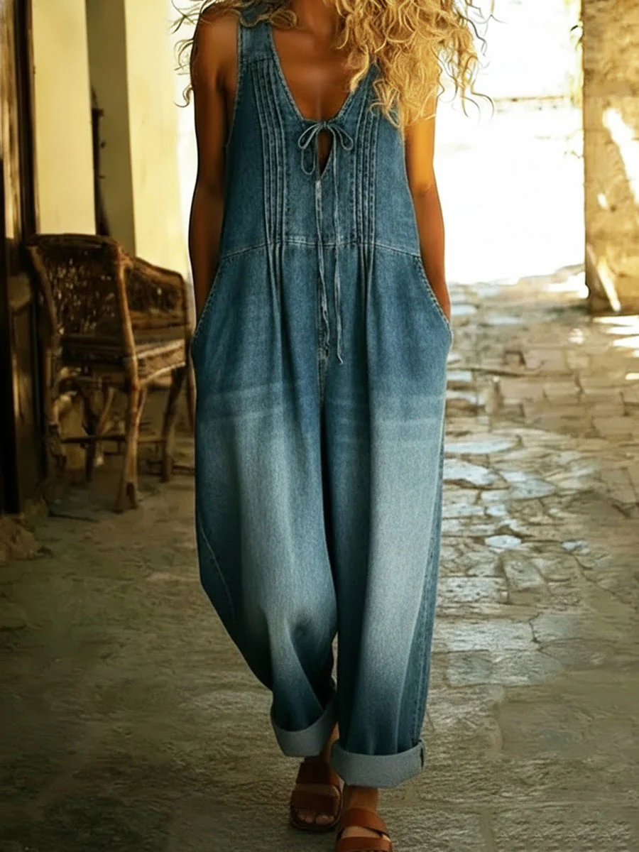 Entspannt geschnittene, gefaltete Denim-Jumpsuit mit Kordelzug - Image 4