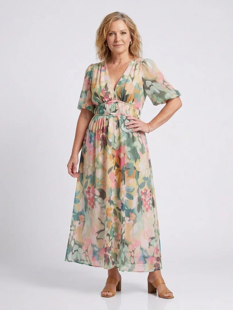 Eulalie | V-Ausschnitt Kurzarm Kleid mit geraffter Taille Midi - Image 3