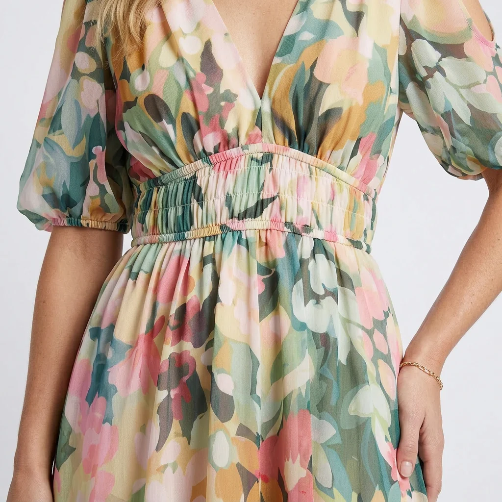 Eulalie | V-Ausschnitt Kurzarm Kleid mit geraffter Taille Midi - Image 4