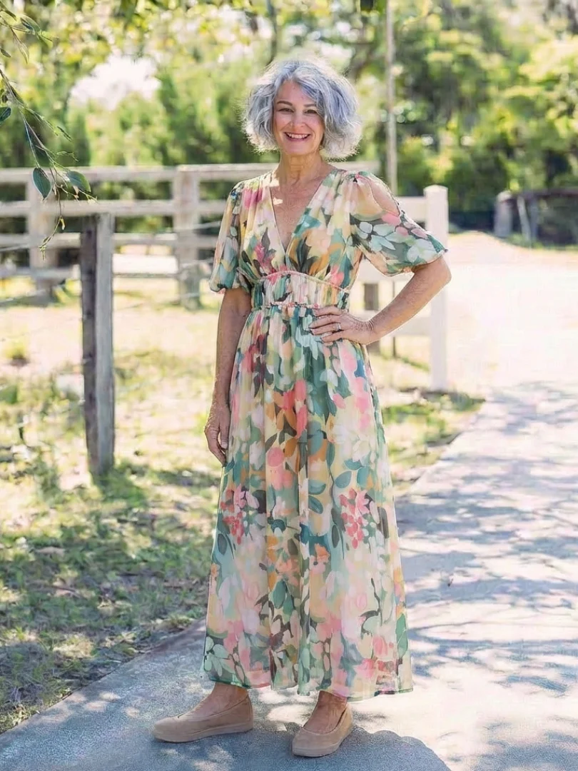 Eulalie | V-Ausschnitt Kurzarm Kleid mit geraffter Taille Midi - Image 5