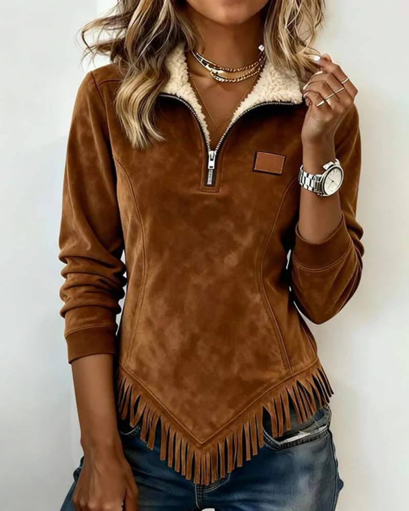 Halb-Zip Kragen Sweatshirt mit asymmetrischem Design und Fransenakzenten - Image 3