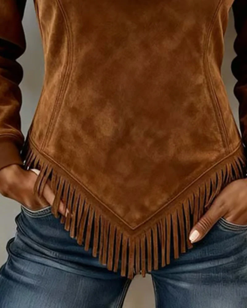 Halb-Zip Kragen Sweatshirt mit asymmetrischem Design und Fransenakzenten - Image 5