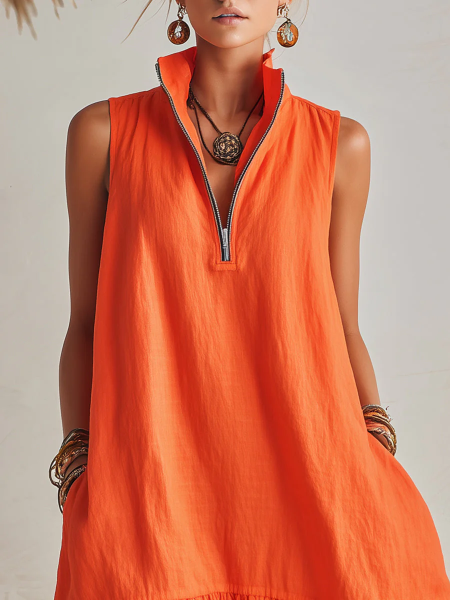 Helles Orange Leinen Halb-Reißverschluss Mini-Kleid mit Rüschensaum und Stehkragen - Image 10