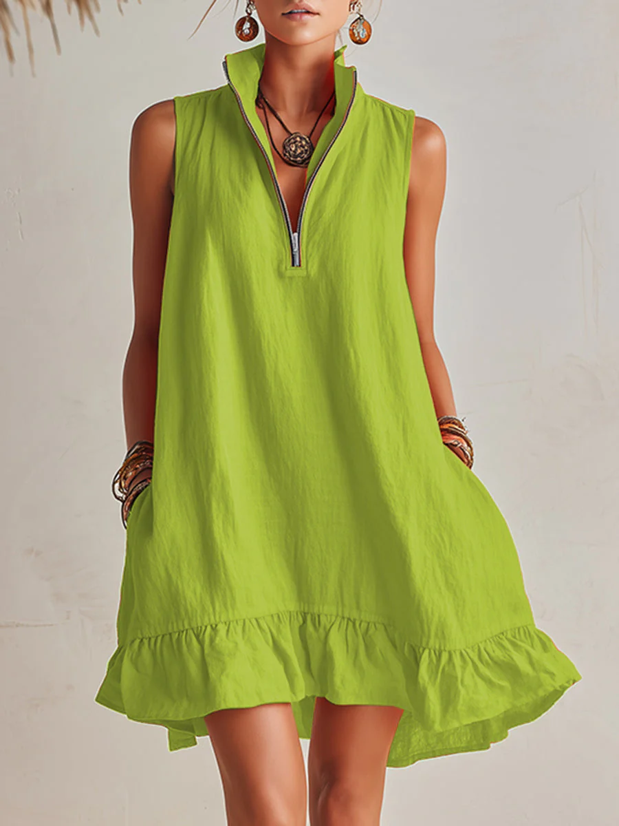 Helles Orange Leinen Halb-Reißverschluss Mini-Kleid mit Rüschensaum und Stehkragen - Image 11