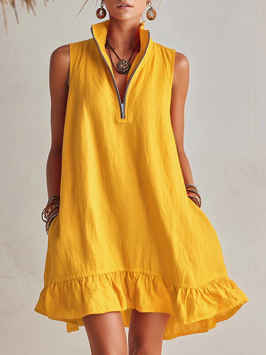 Helles Orange Leinen Halb-Reißverschluss Mini-Kleid mit Rüschensaum und Stehkragen - Image 2