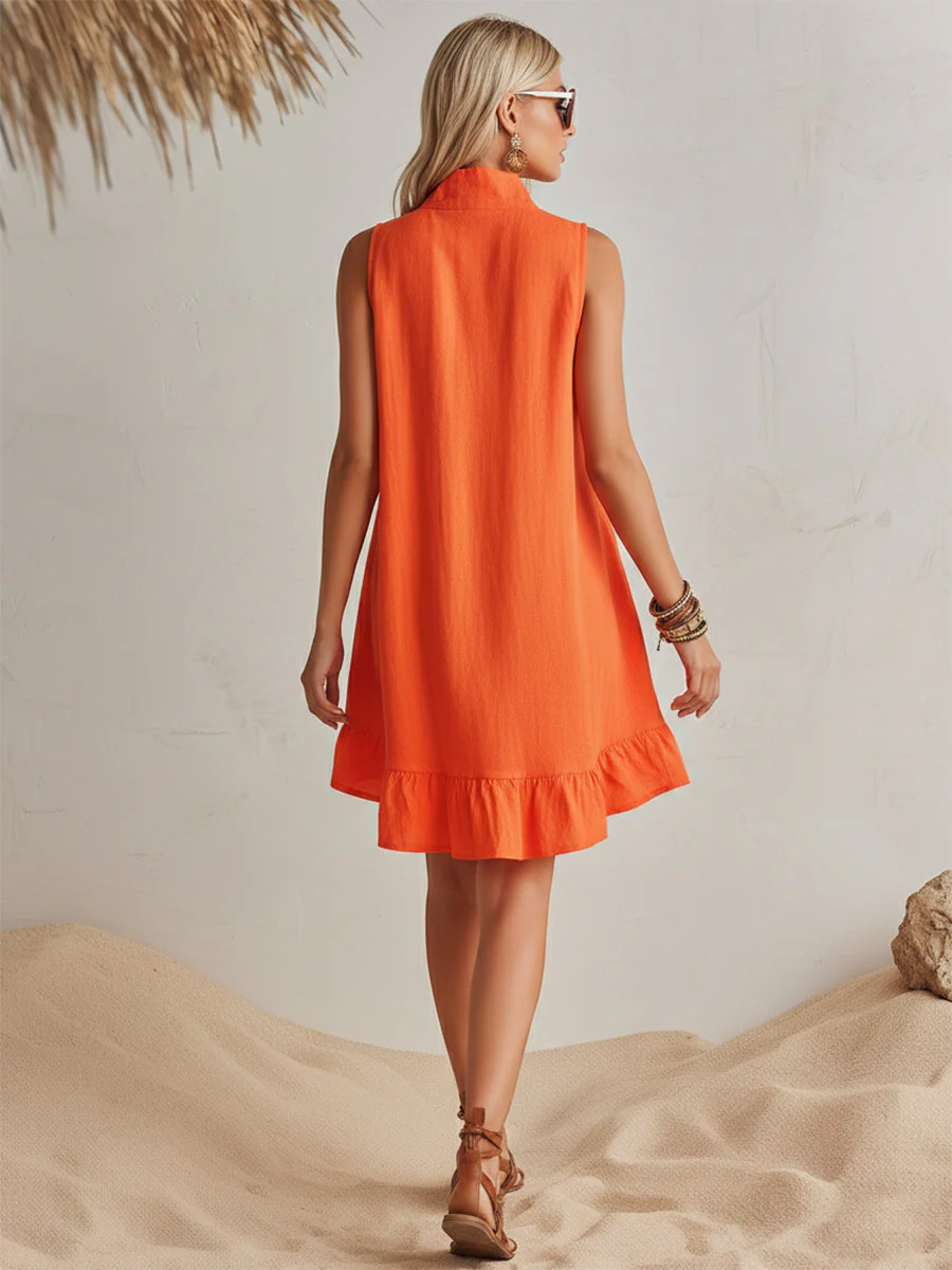 Helles Orange Leinen Halb-Reißverschluss Mini-Kleid mit Rüschensaum und Stehkragen - Image 7