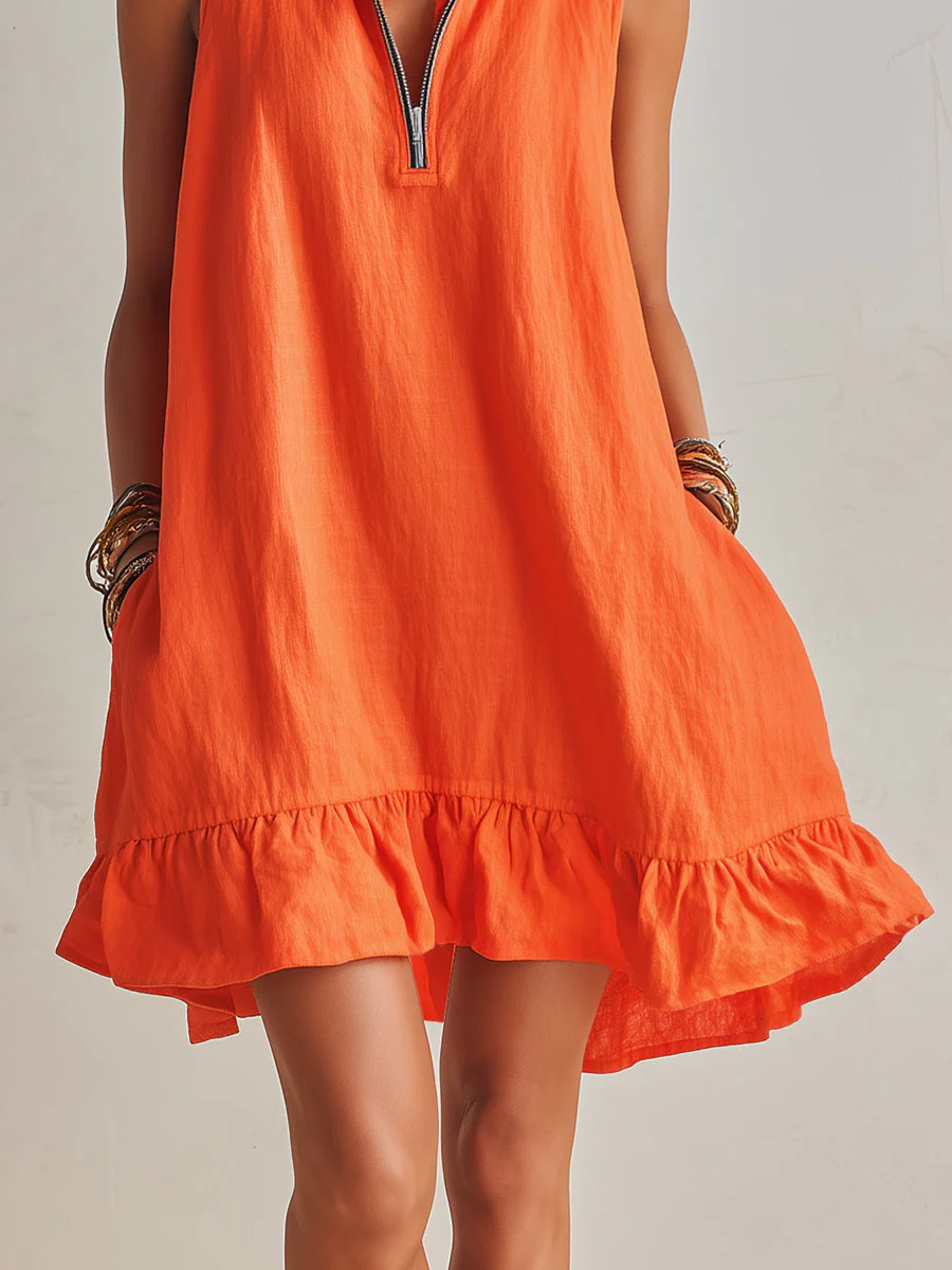 Helles Orange Leinen Halb-Reißverschluss Mini-Kleid mit Rüschensaum und Stehkragen - Image 9