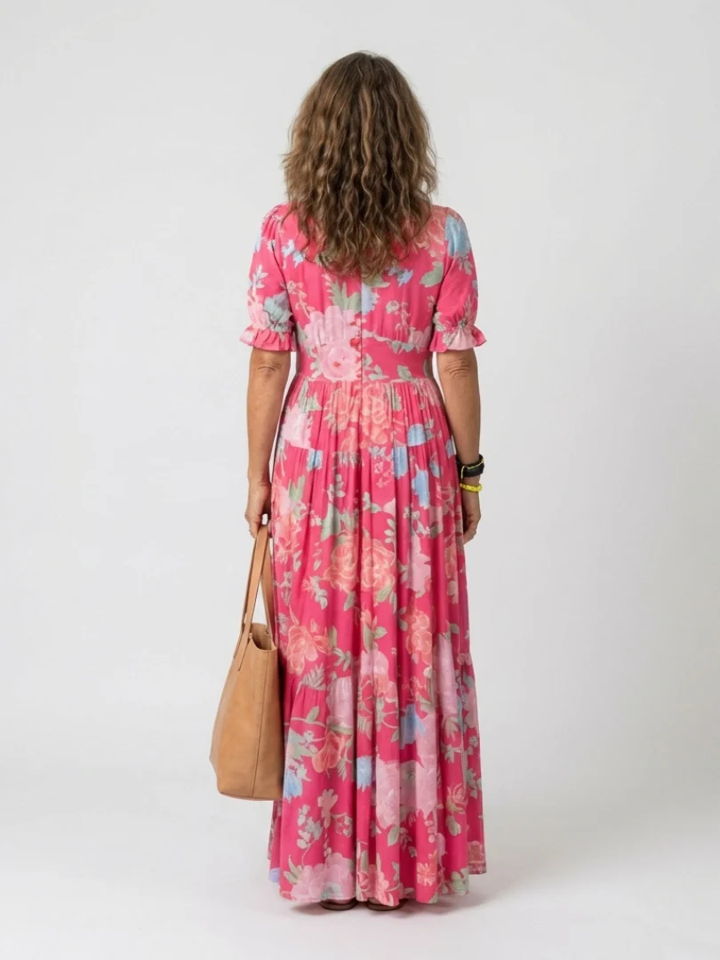 Ione | Kurzes Ärmels V-Ausschnitt Blumen Midi Kleid - Image 3
