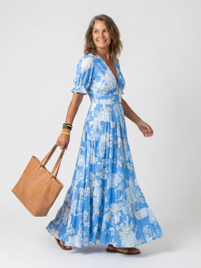 Ione | Kurzes Ärmels V-Ausschnitt Blumen Midi Kleid - Image 4