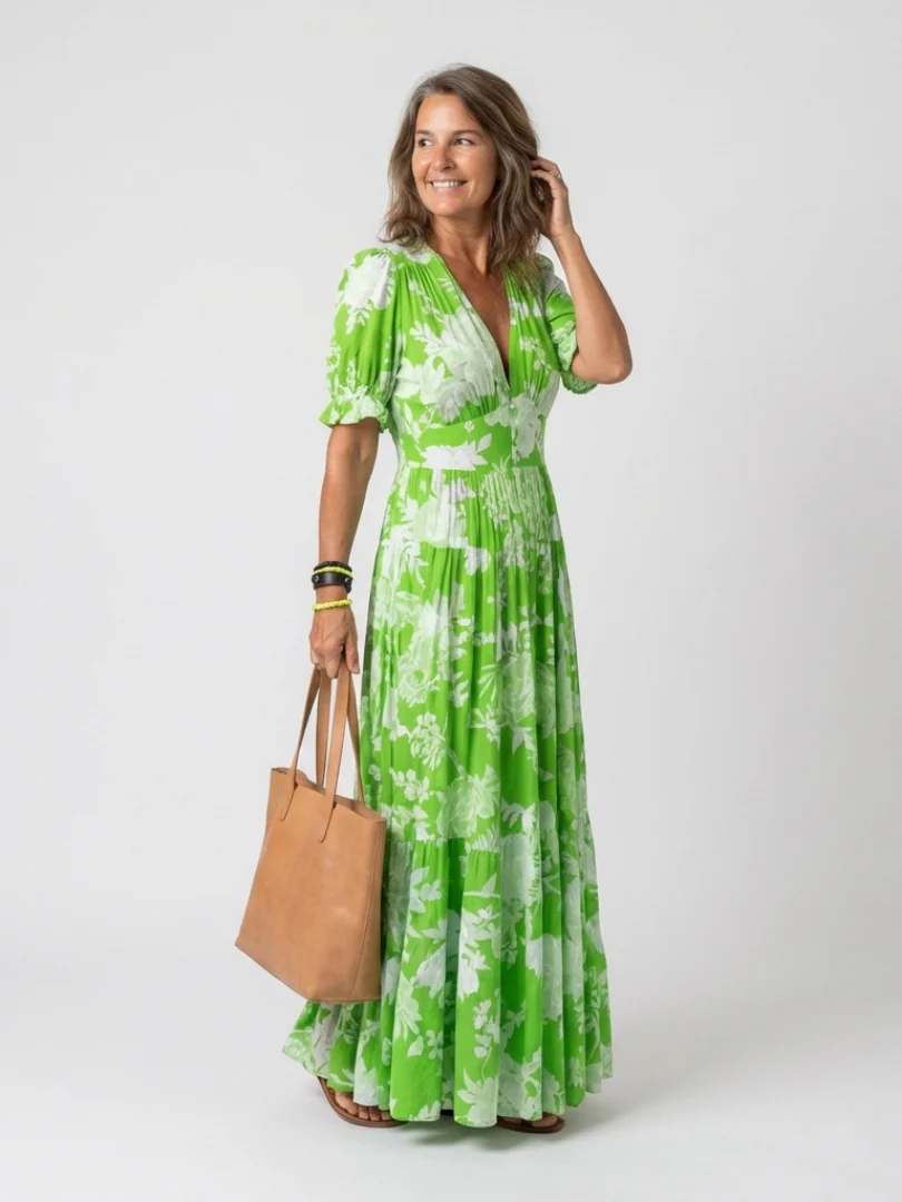 Ione | Kurzes Ärmels V-Ausschnitt Blumen Midi Kleid - Image 5