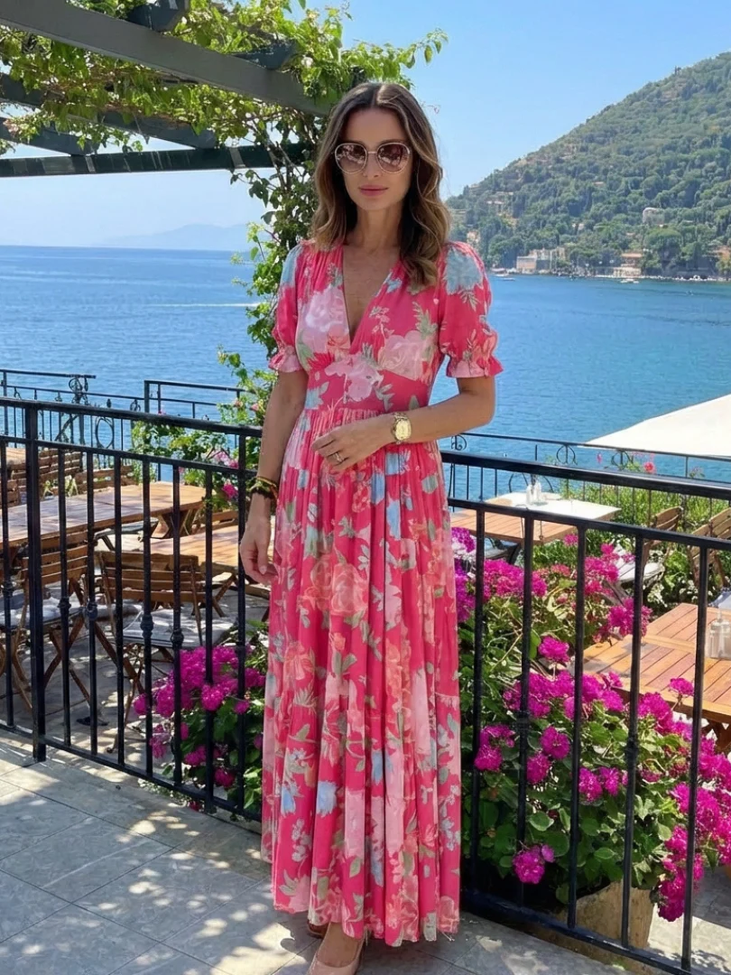 Ione | Kurzes Ärmels V-Ausschnitt Blumen Midi Kleid - Image 6